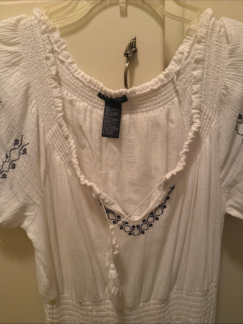 Angie White Peasant dress with black Floral Embroidery